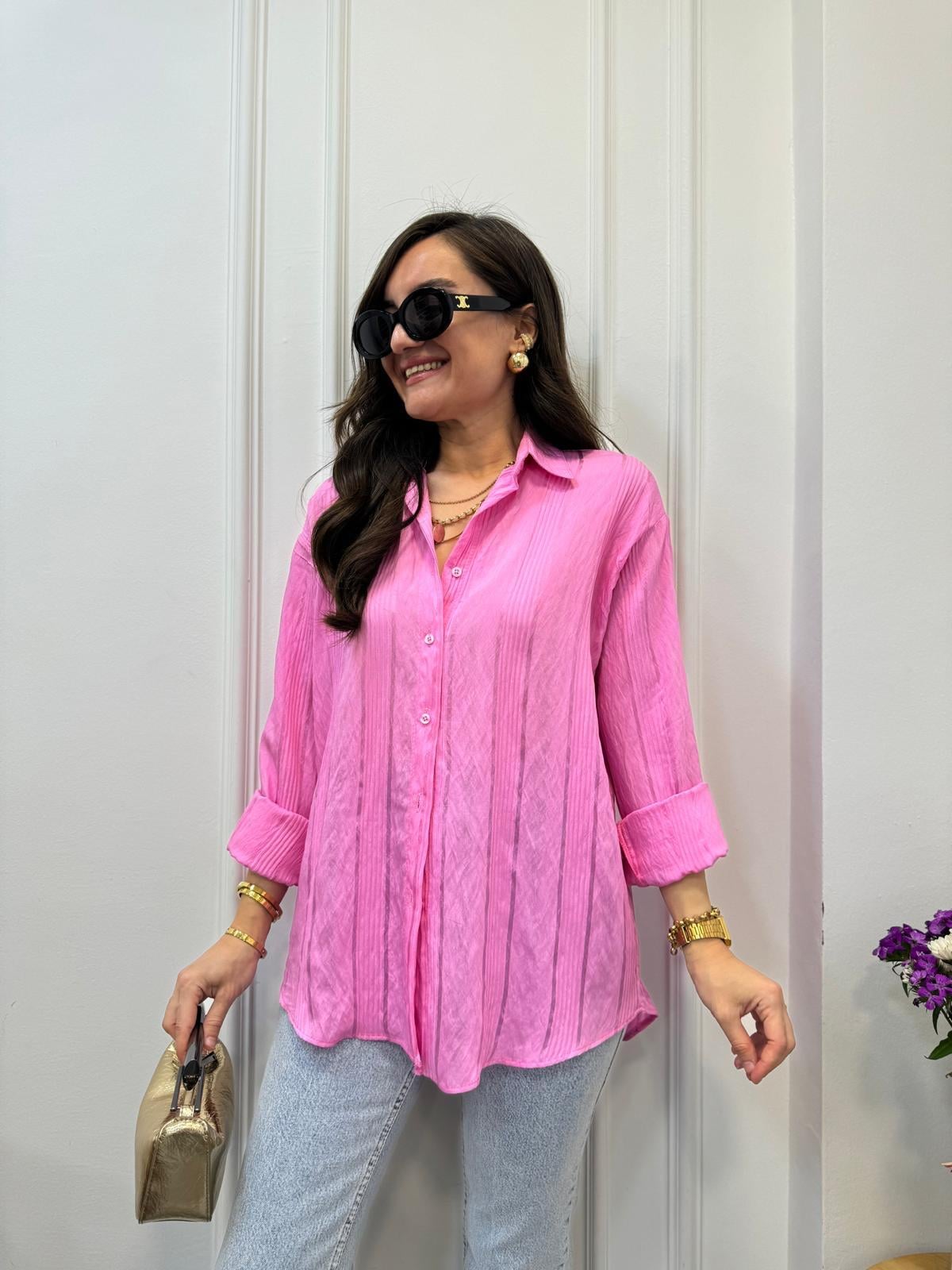 Pembe Jakar Çizgili Gömlek 506