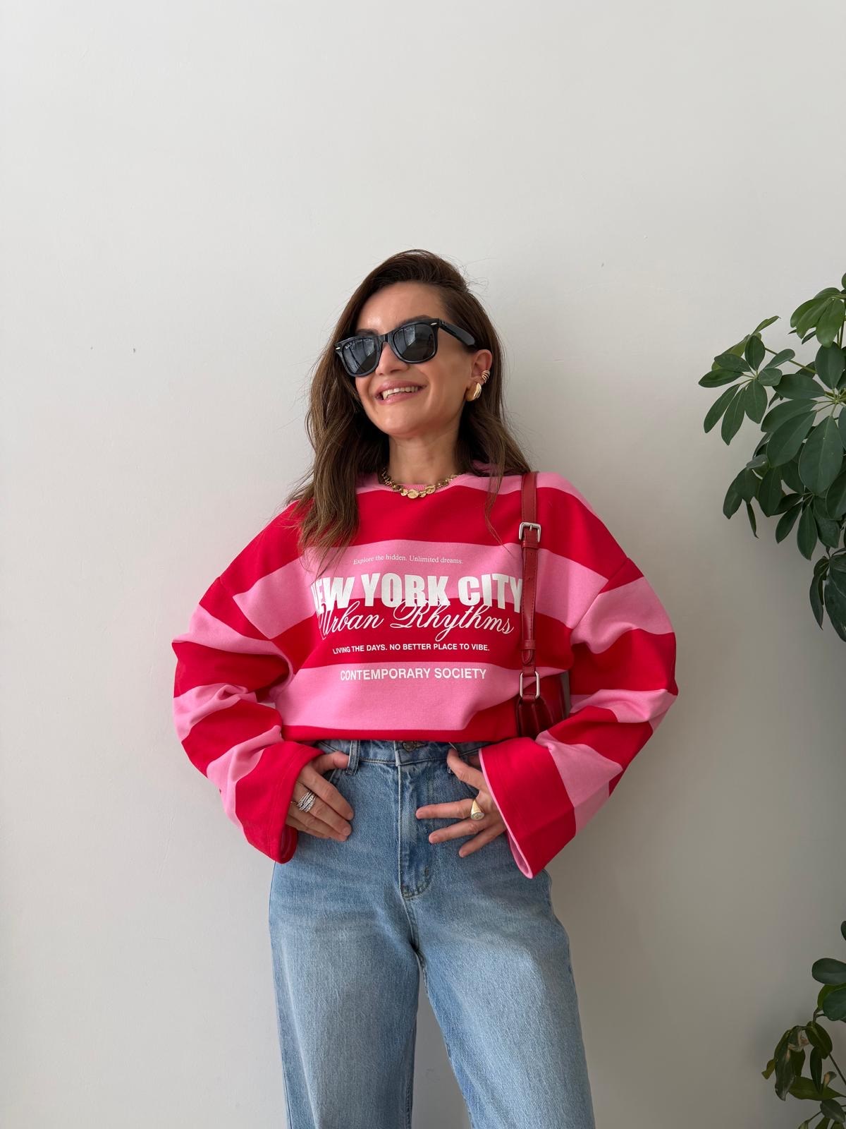 Pembe Kalın Çizgili Yazı Detaylı Sweatshirt 11262