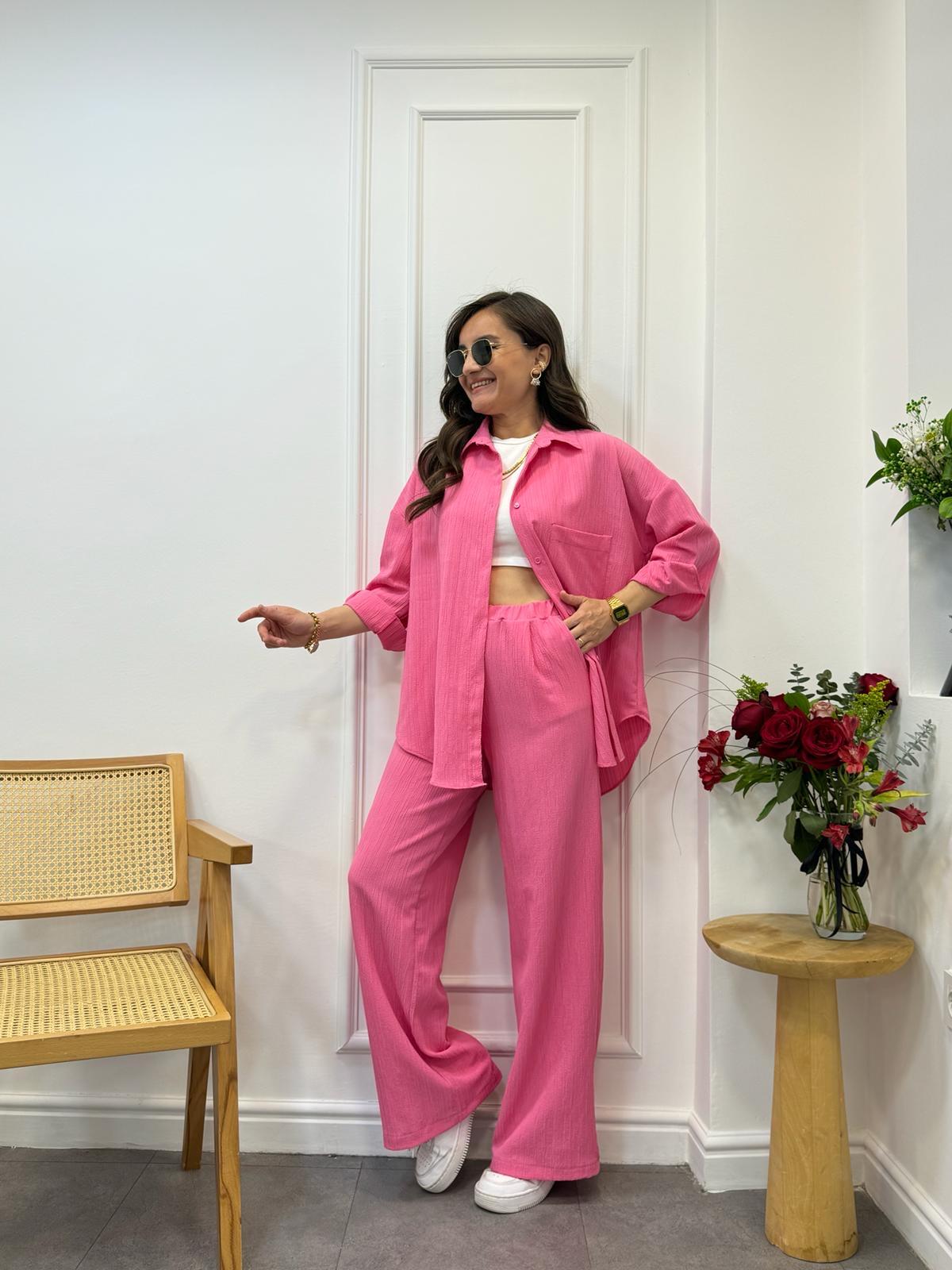 Pembe Kendinden Desenli Tek Cepli Gömlek Pantolon Takım 58566