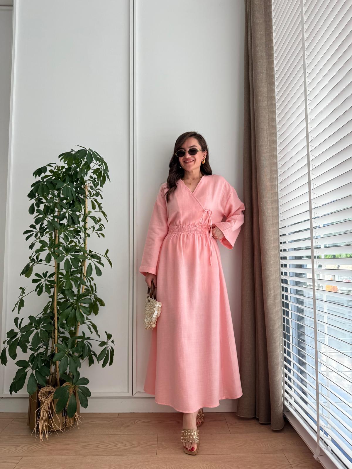 Pembe Keten Kimono Etek Takım 8717