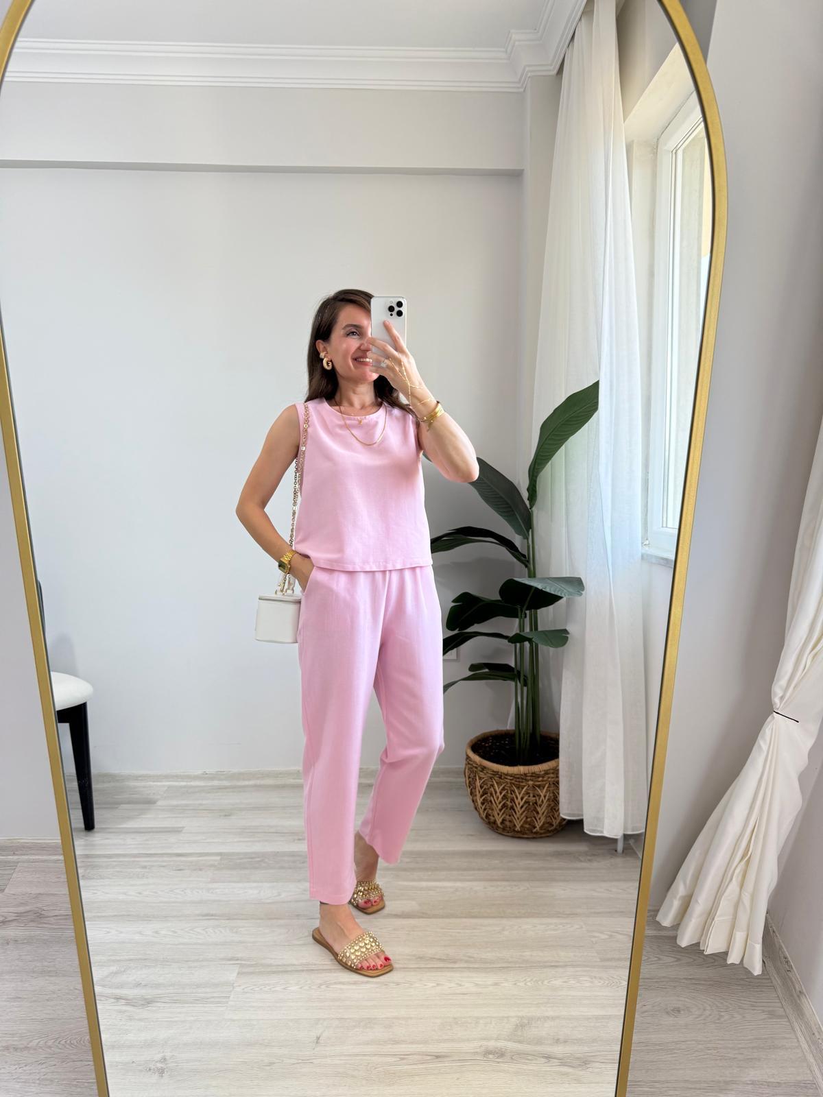 Pembe Keten Sıfır Kol Bluz Pantolon Takım 8796