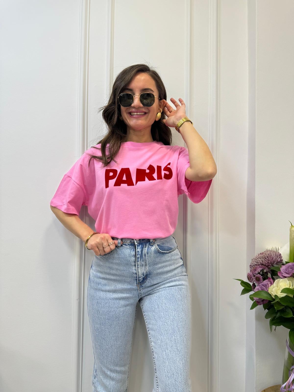 Pembe Kırmızı Paris Yazı Baskılı Tişört 241070