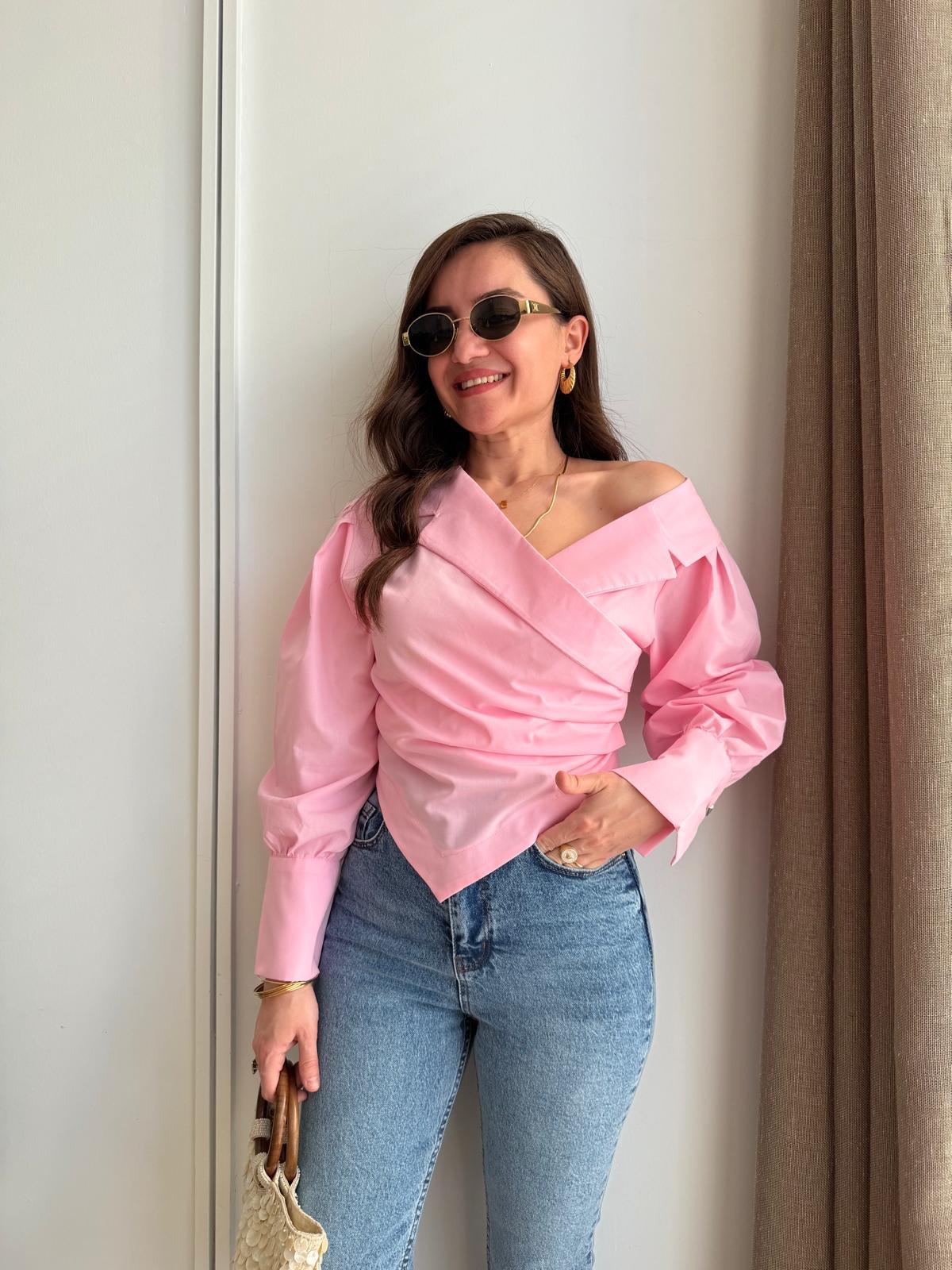 Pembe Kruvaze Yaka Asimetrik Kesim Bluz 0317