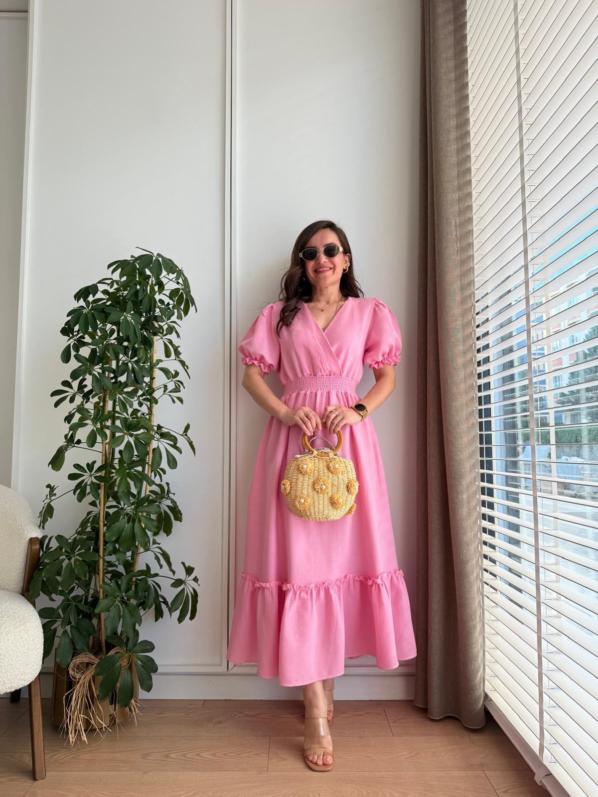 Pembe Kruvaze Yaka Bel Lastikli Keten Elbise 1292