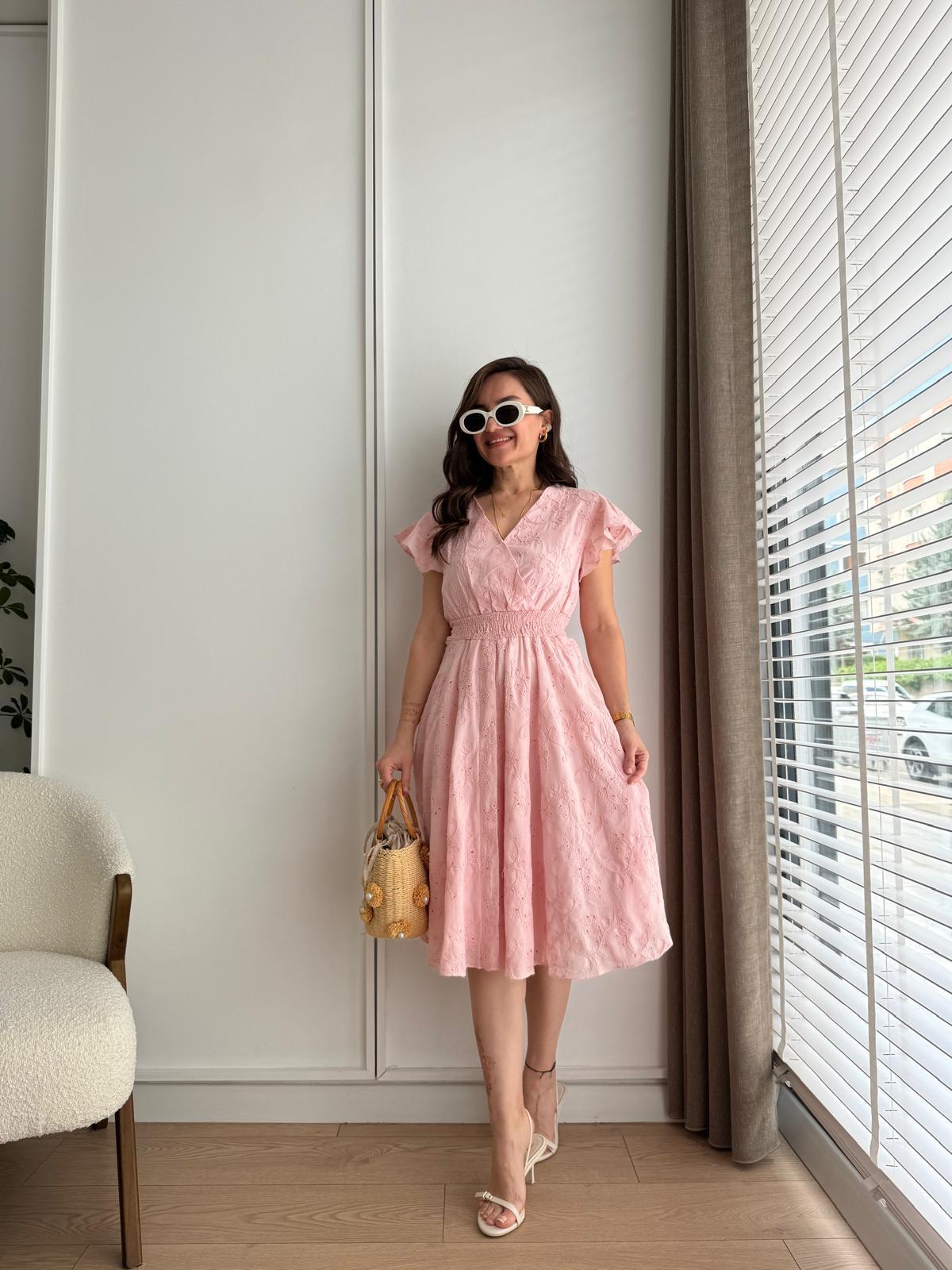 Pembe Kruvaze Yaka Beli Lastikli Fisto Elbise 5217