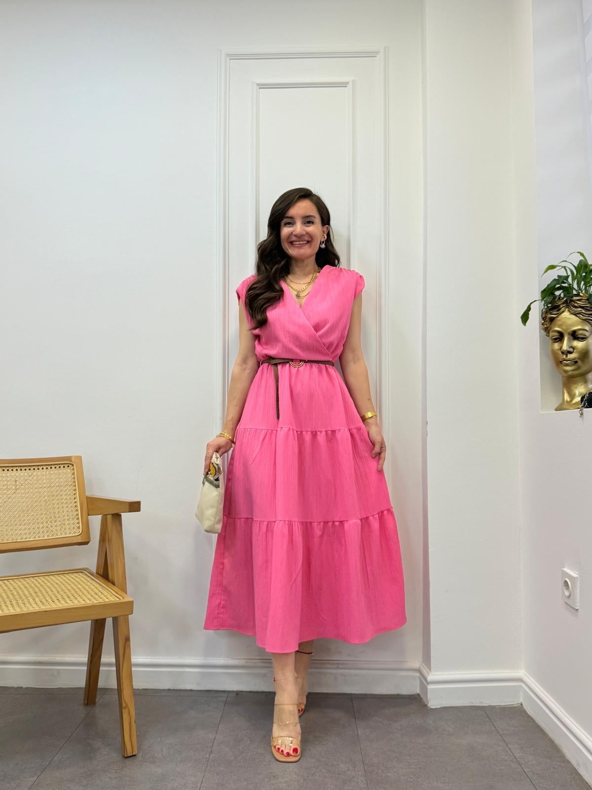 Pembe Kruvaze Yaka Beli Lastikli Kemerli Elbise 5099