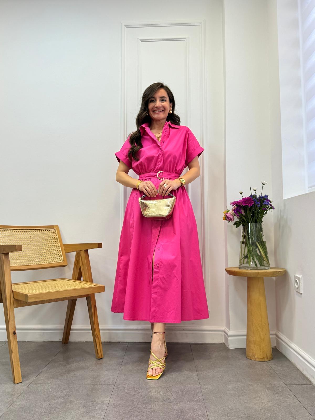 Pembe Lüx Kalite Kemerli Midi Boy Kısa Kol Elbise 9844