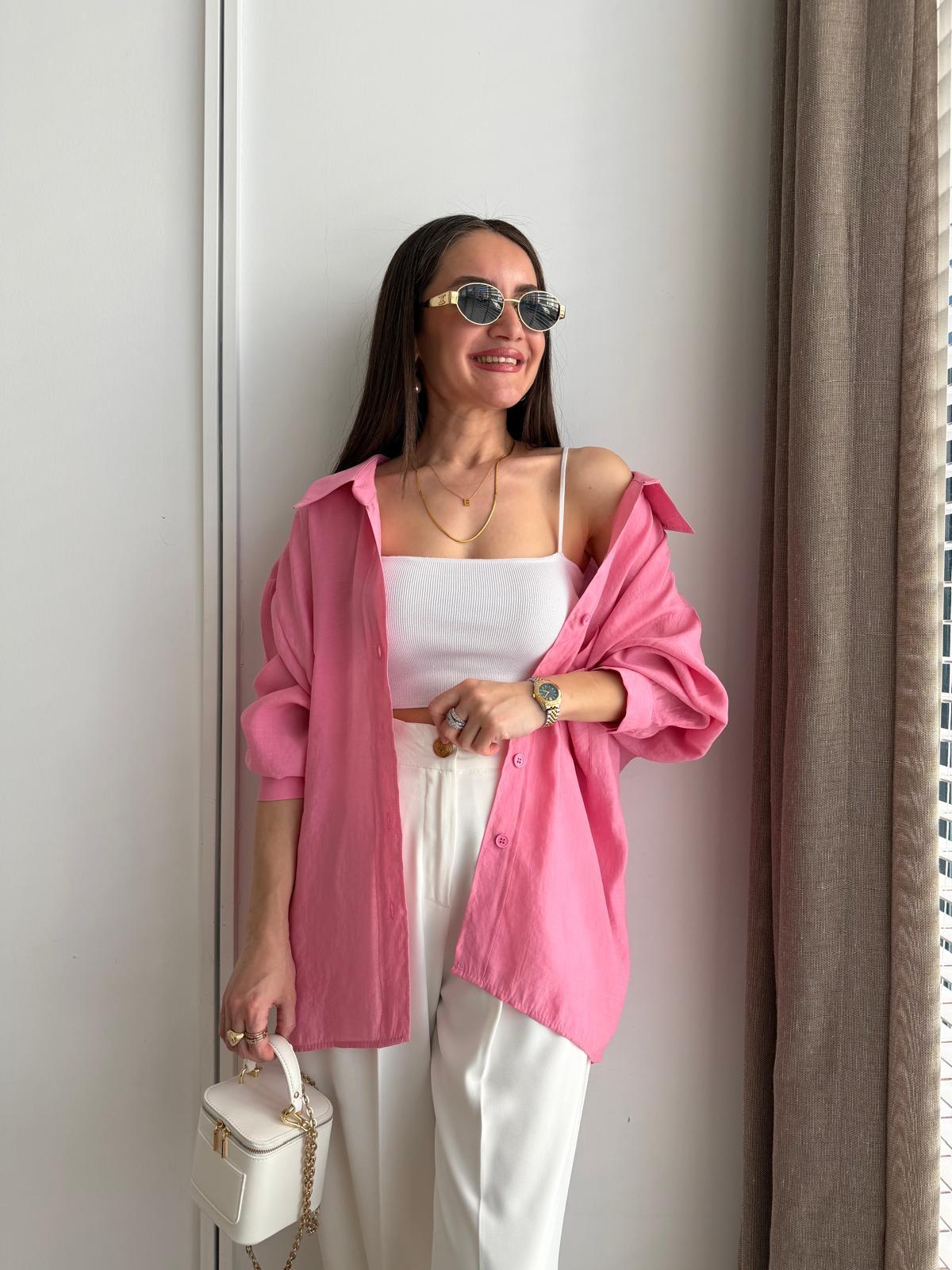 Pembe Lüx Kalite Oversize Gömlek 4612