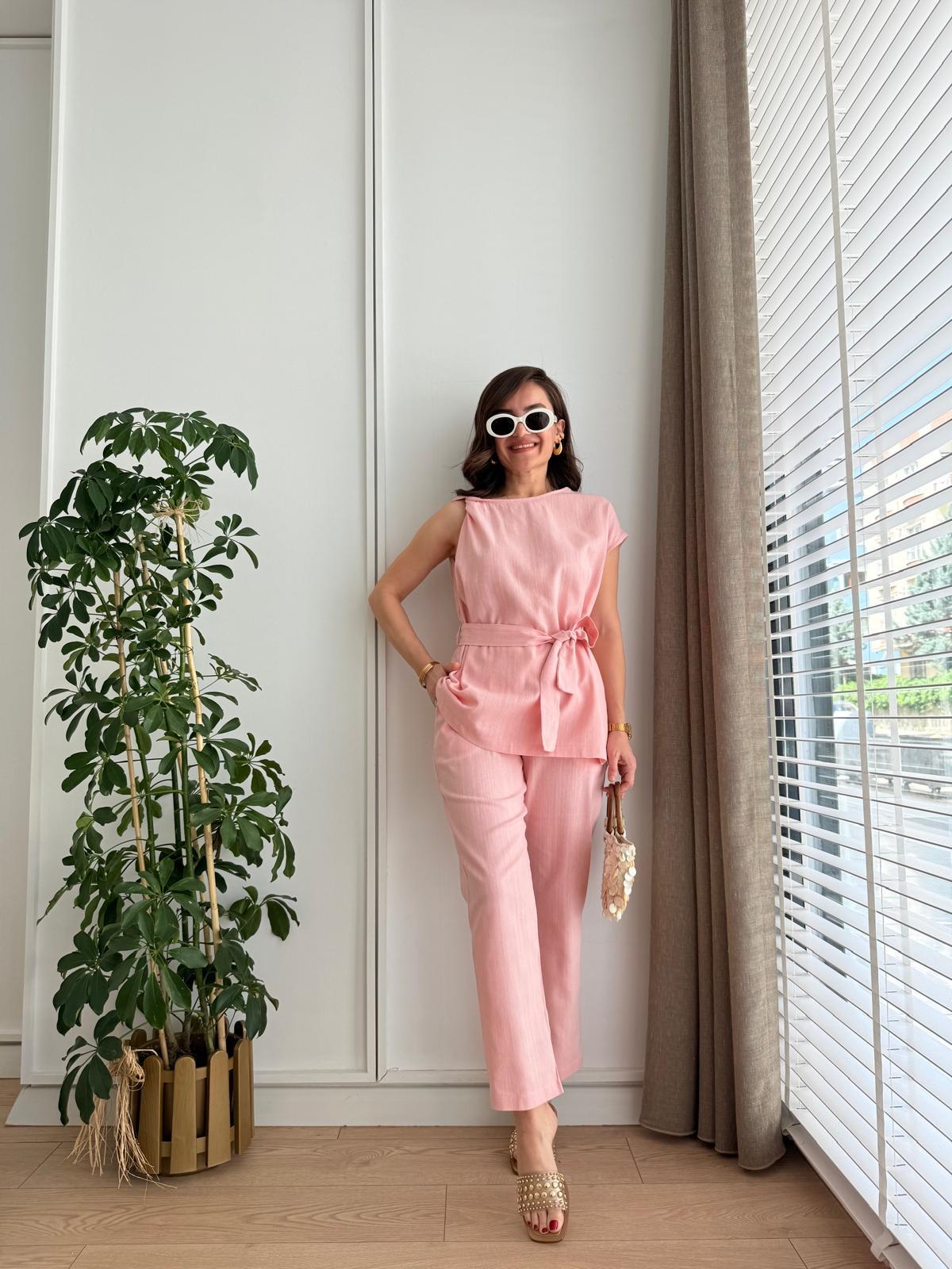 Pembe Omuz Detaylı Bluz Pantolon Takım 8644