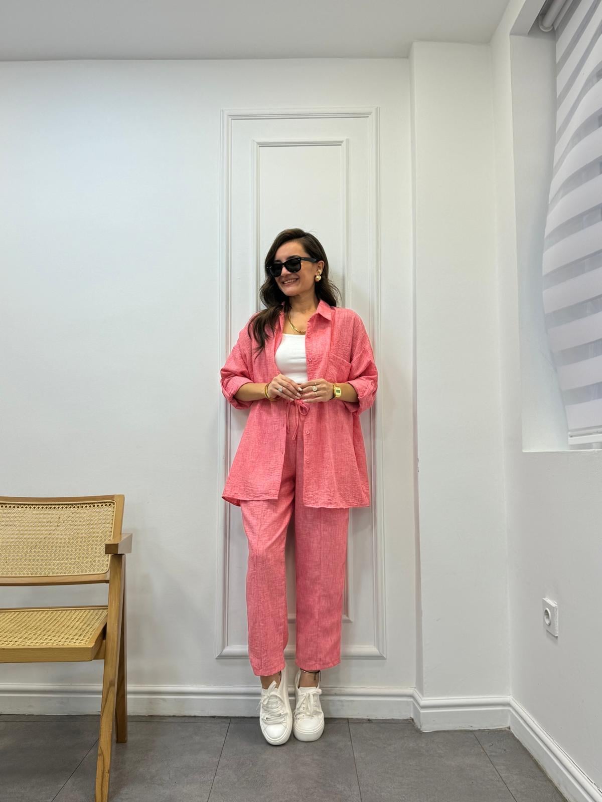 Pembe Önü Cep Detaylı Gömlek Pantolon Takım 1061