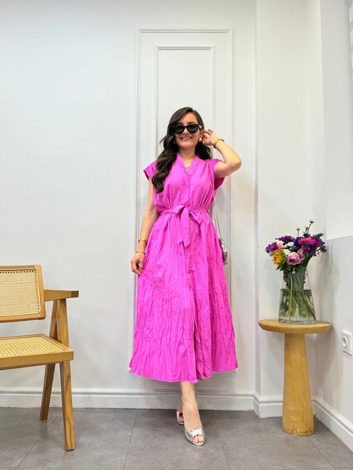 Pembe Önü Düğme Detaylı Midi Boy Elbise 3199