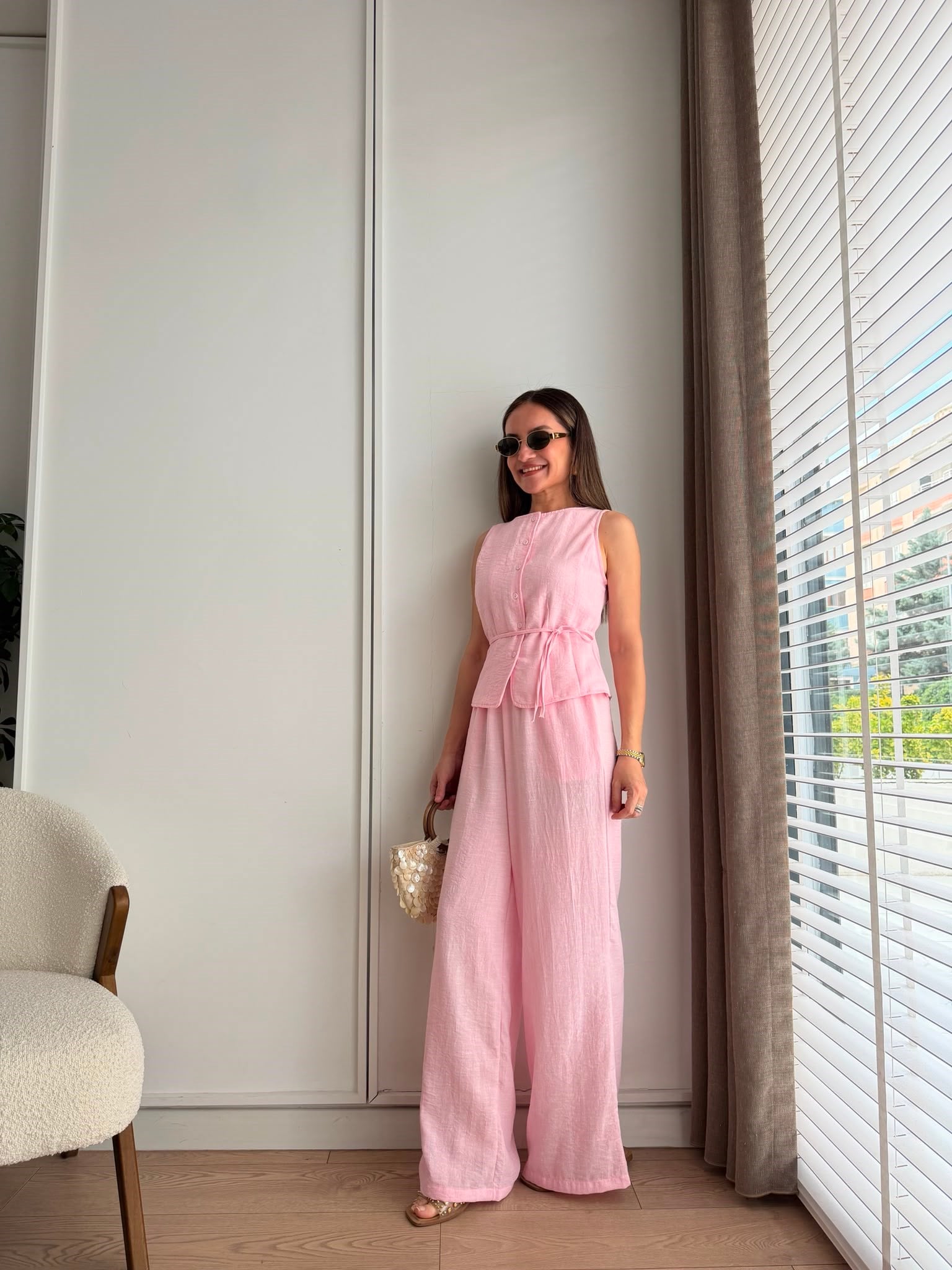 Pembe Pens Detaylı Arkadan Bağlamalı Müslin Takım 580992