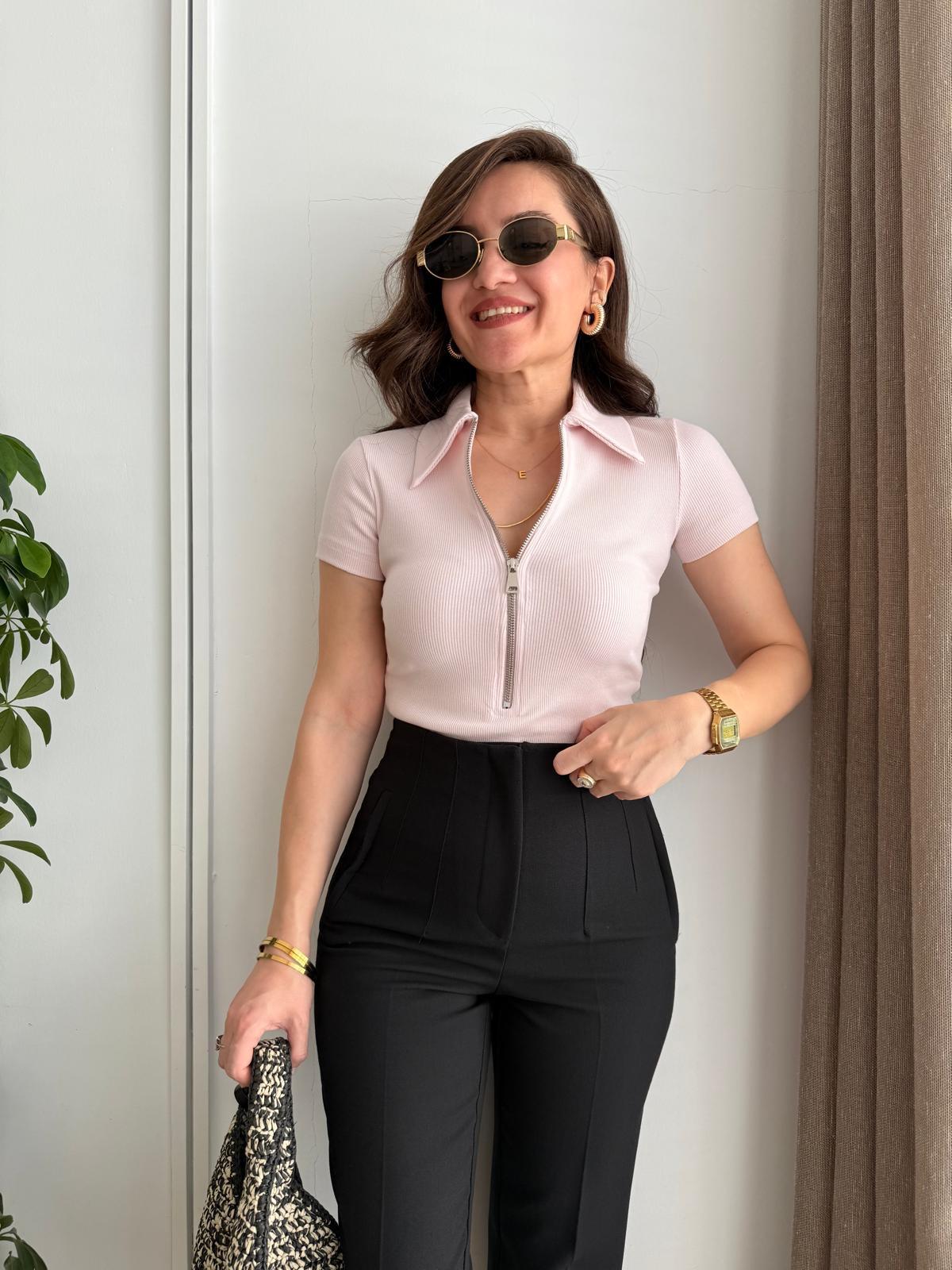 Pembe Polo Yaka Fermuarlı Kısa Kol Tshirt 251082