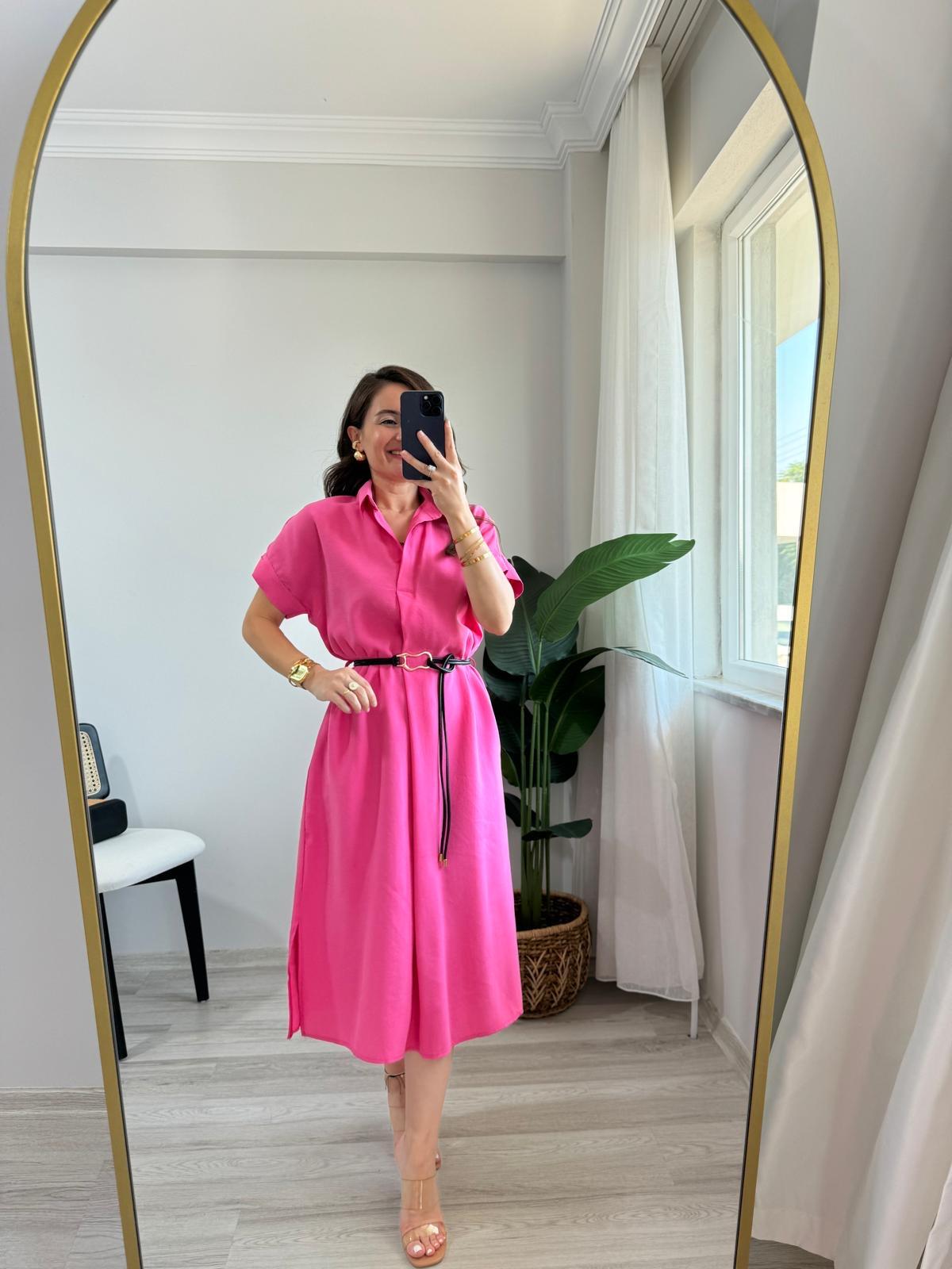 Pembe Polo Yaka Tensel Kumaş Elbise A10