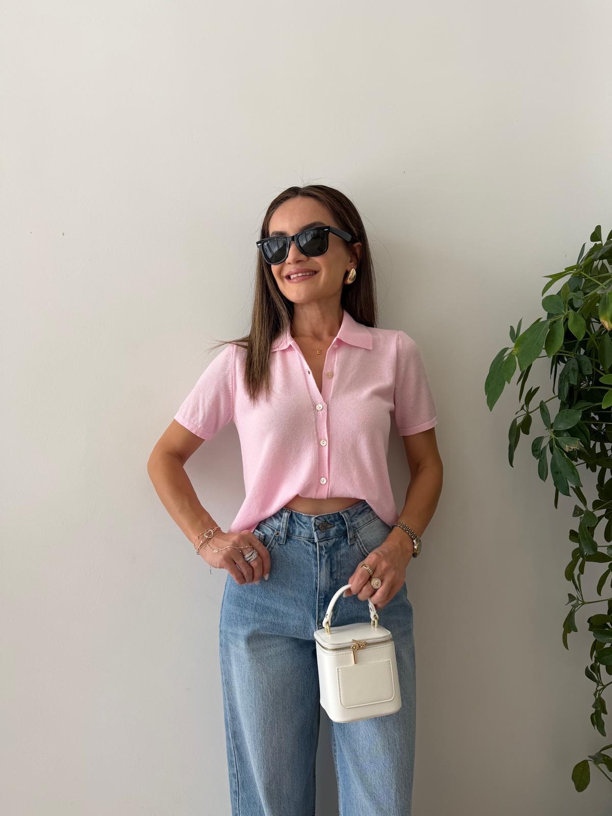 Pembe Polo Yaka Triko Hırka 5482