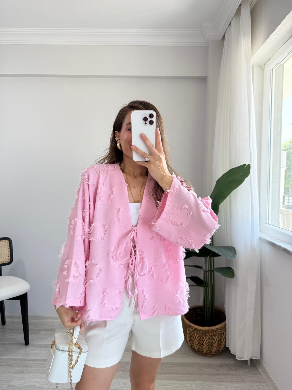 Pembe Püskül Detaylı Ön Bağlamalı Kimono 7012