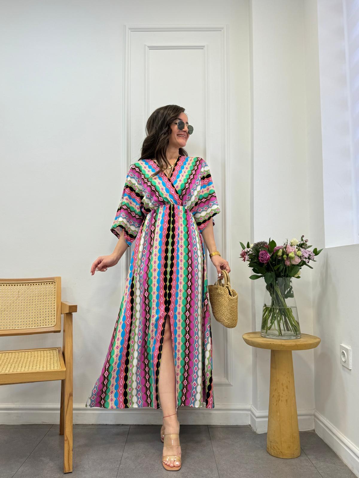 Pembe Renkli Desenli Bel Lastikli Elbise 3154