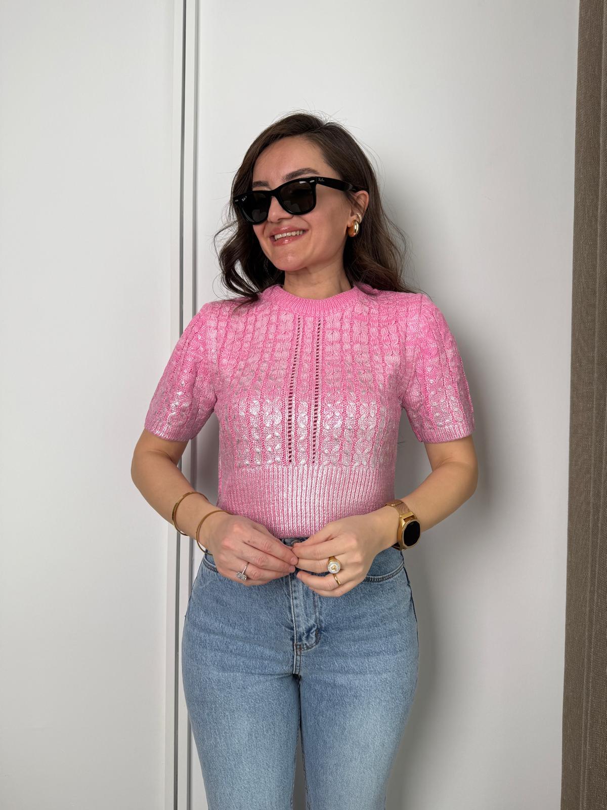 Pembe Saç Örgülü Varaklı Kısa Kollu Triko Bluz 4225