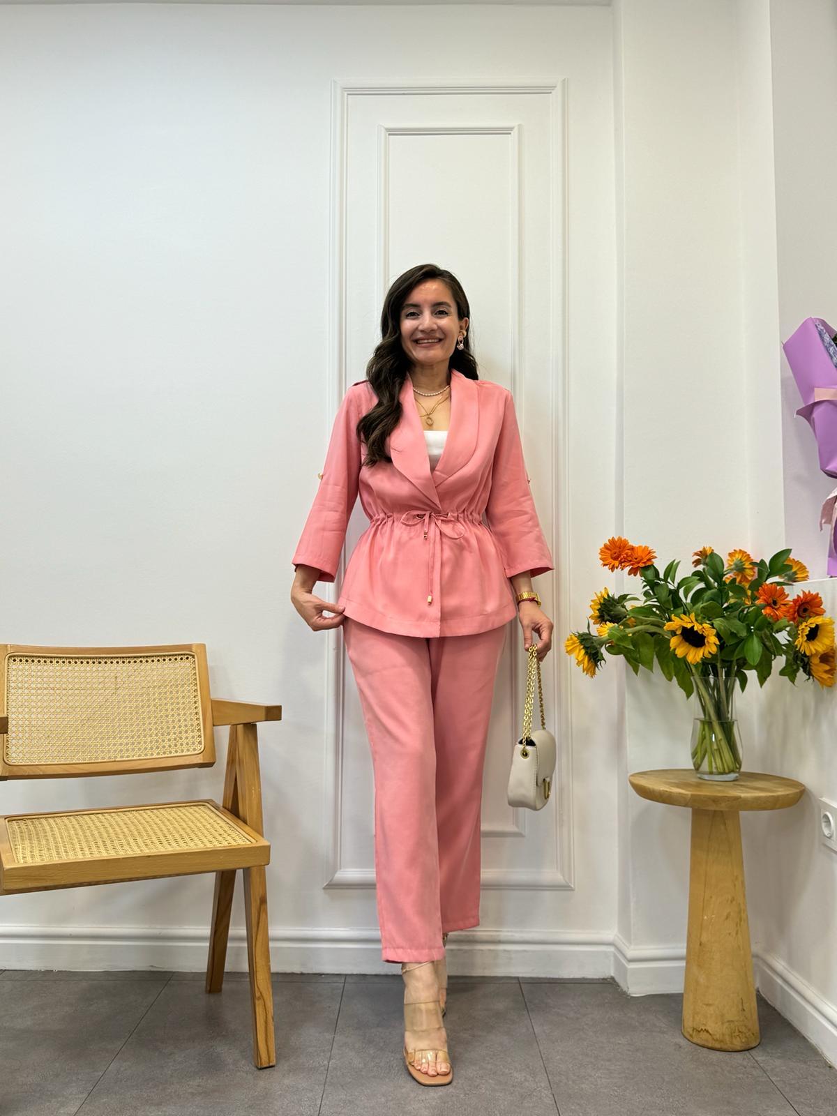 Pembe Tensel Kumaş Bel Bağlamalı Ceket Pantolon Takım 0514