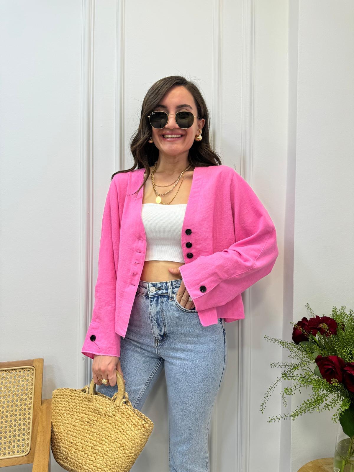Pembe V Yaka Düğme Detaylı Keten Ceket 58877