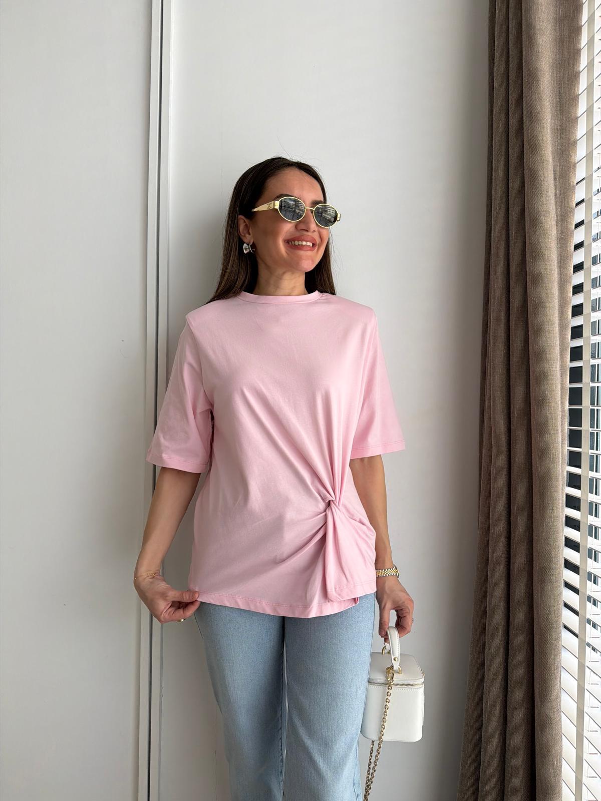Pembe Vatkalı Düğüm Detaylı Tshirt 1067