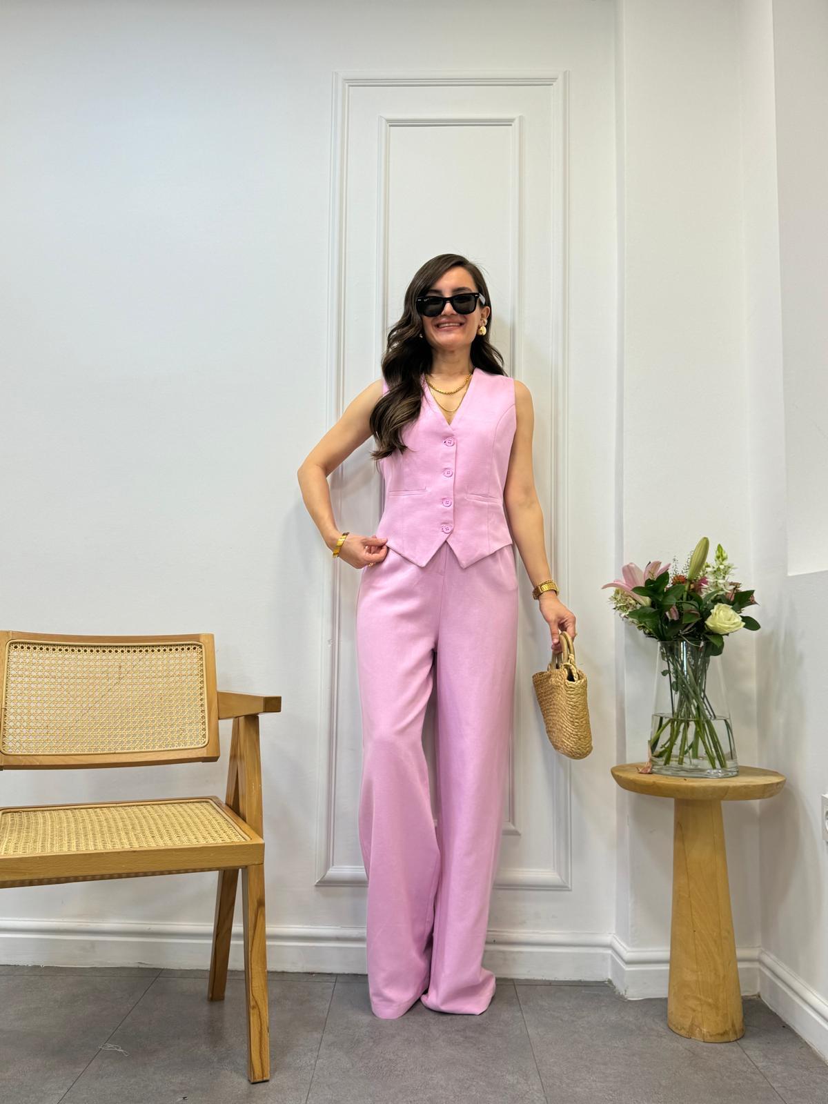 Pembe Yelek Pantolon Keten Takım 9257