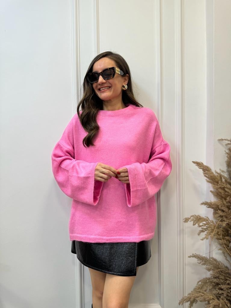 Pembe Yumoş Geniş Kol Basic Kazak 4091