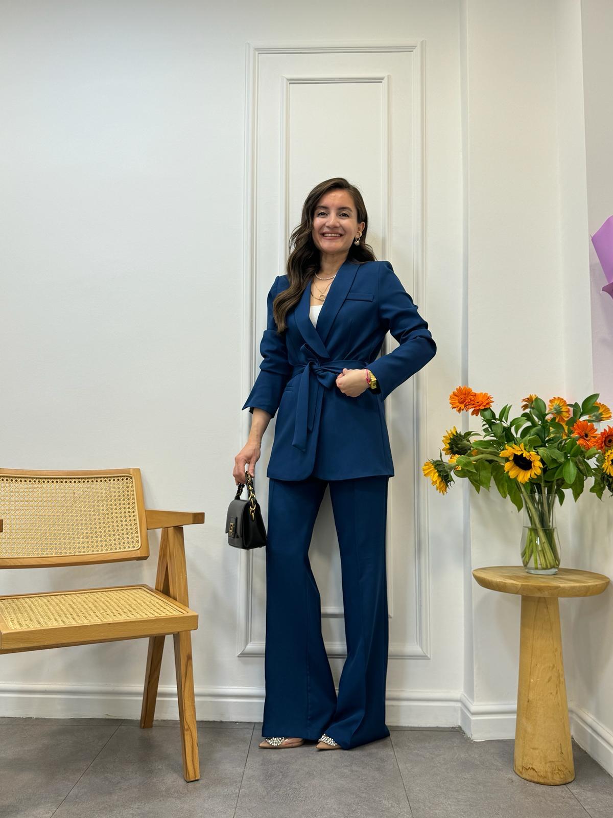 Petrolmavisi Kuşaklı Blazer Pantolon Takım 3058