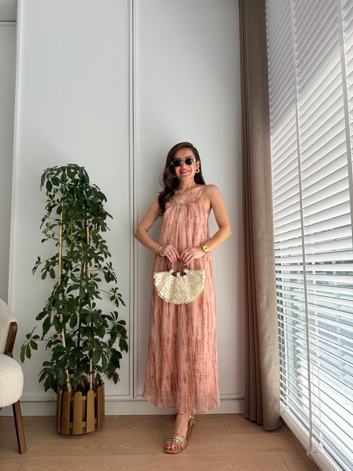 Pudra Yaka Zincir Detaylı Batik Desenli Elbise 251078