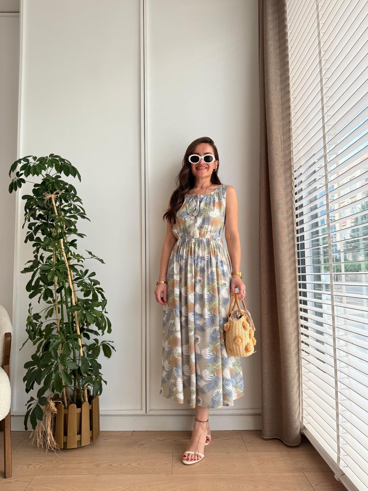 Renkli Desenli Beli Lastikli Elbise 25168