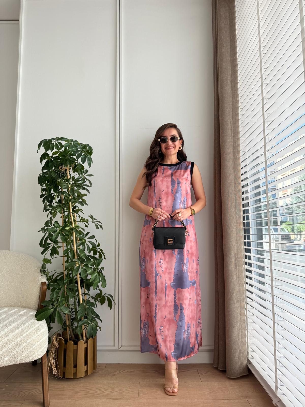 Renkli Desenli Biyeli Saten Elbise 34602