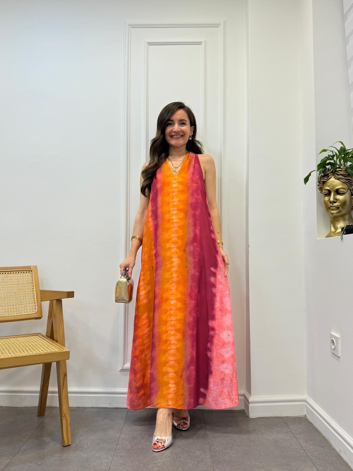 Renkli Geçişli Halter Yaka Astarlı Elbise 34525