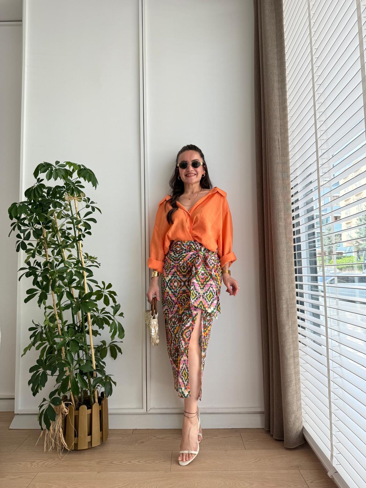 Renkli Önü Bağlama Detaylı Yırtmaçlı Keten Etek 03348