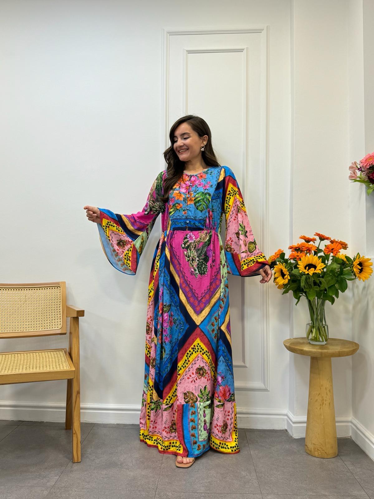 Renkli Patchwork Desen Önü Düğmeli Maxi Boy Elbise 004