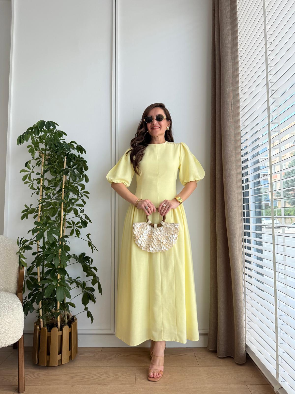 Sarı Arkadan Bağlamalı Yanı Büzgülü Keten Elbise 8909