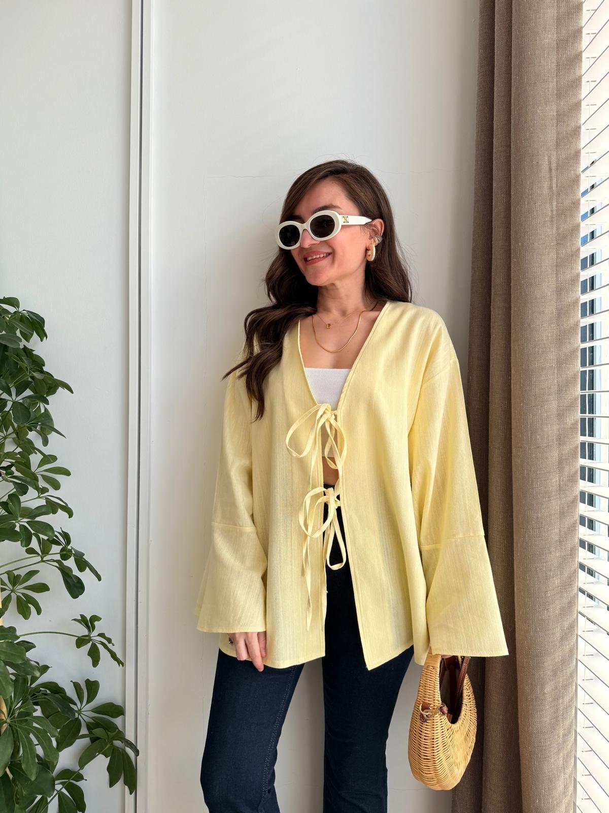 Sarı Bağlamalı Keten Kimono Ceket 5235