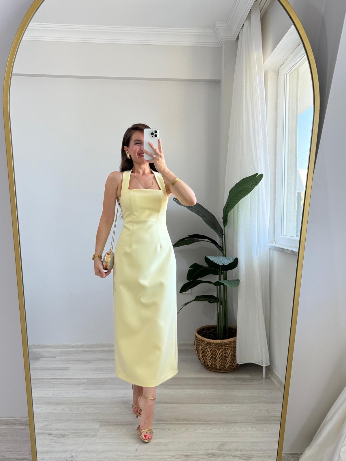 Sarı Boyundan Askılı Midi Boy Elbise 12329