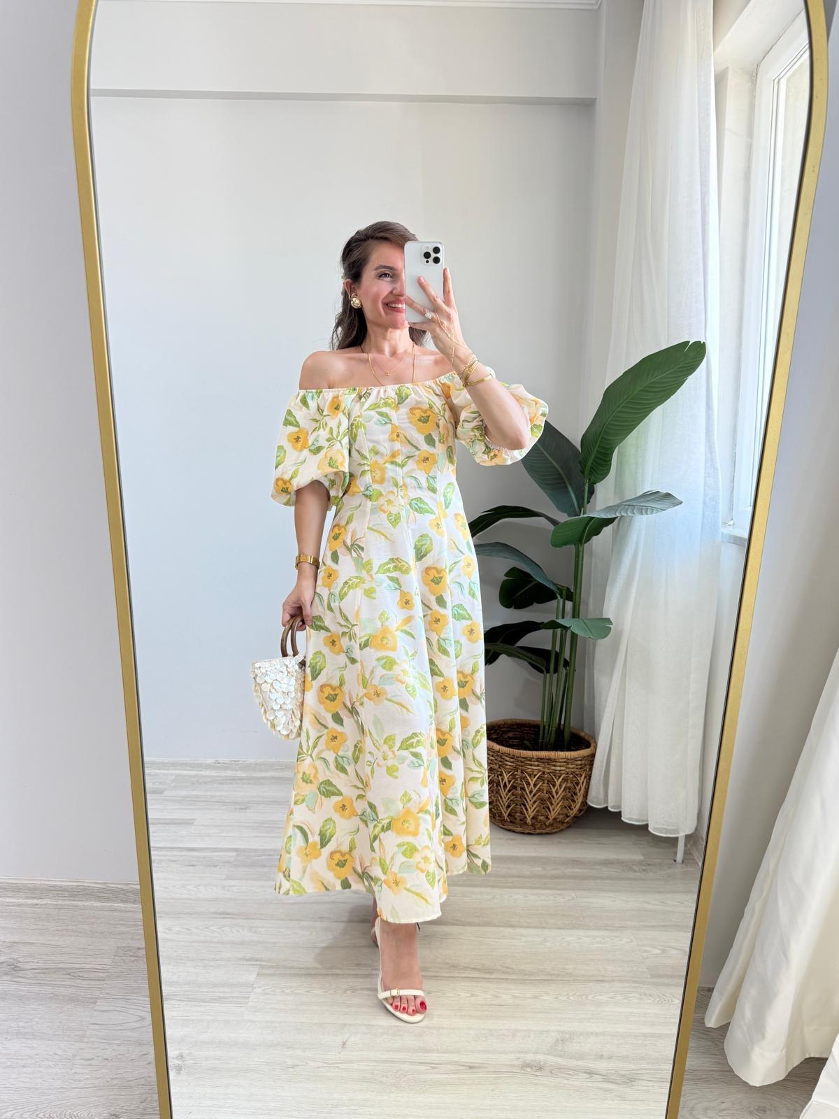 Sarı Çiçek Desenli Balon Kol Elbise 5159