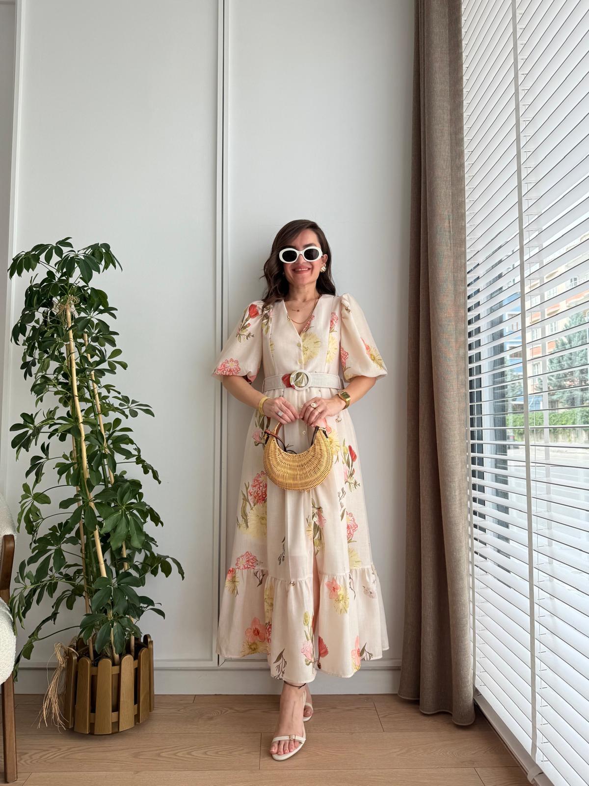 Sarı Çiçek Desenli Kemerli Balon Kol Elbise 3040