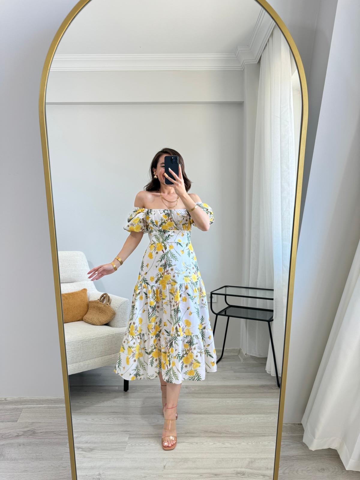 Sarı Çiçekli Balon Kol Kuşaklı Elbise 3212