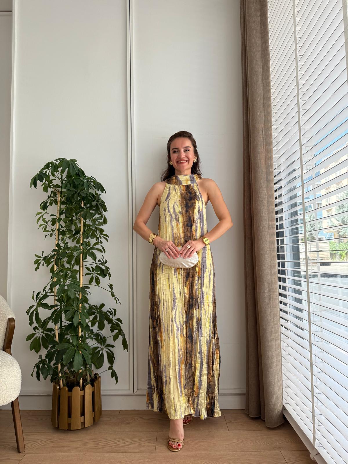 Sarı Desenli Kıraşlı Tasarım Elbise 251059