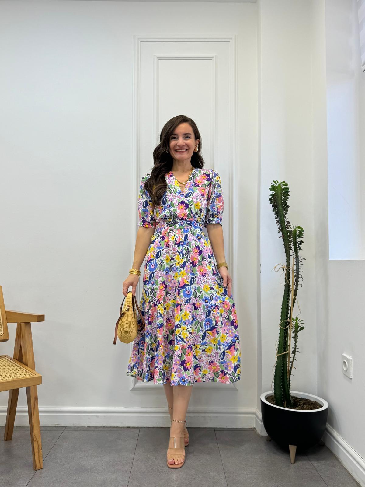 Sarı Desenli Kravuze Yaka Kısa Kol Viskon Elbise 5843