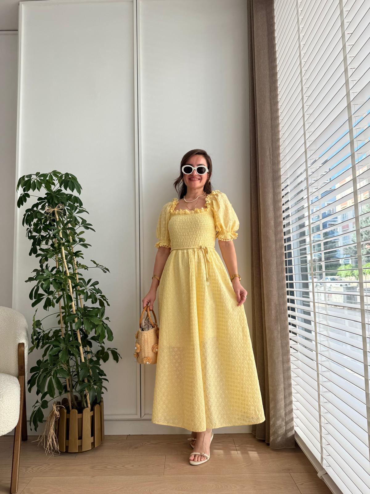 Sarı Gipeli Brode Elbise 8866