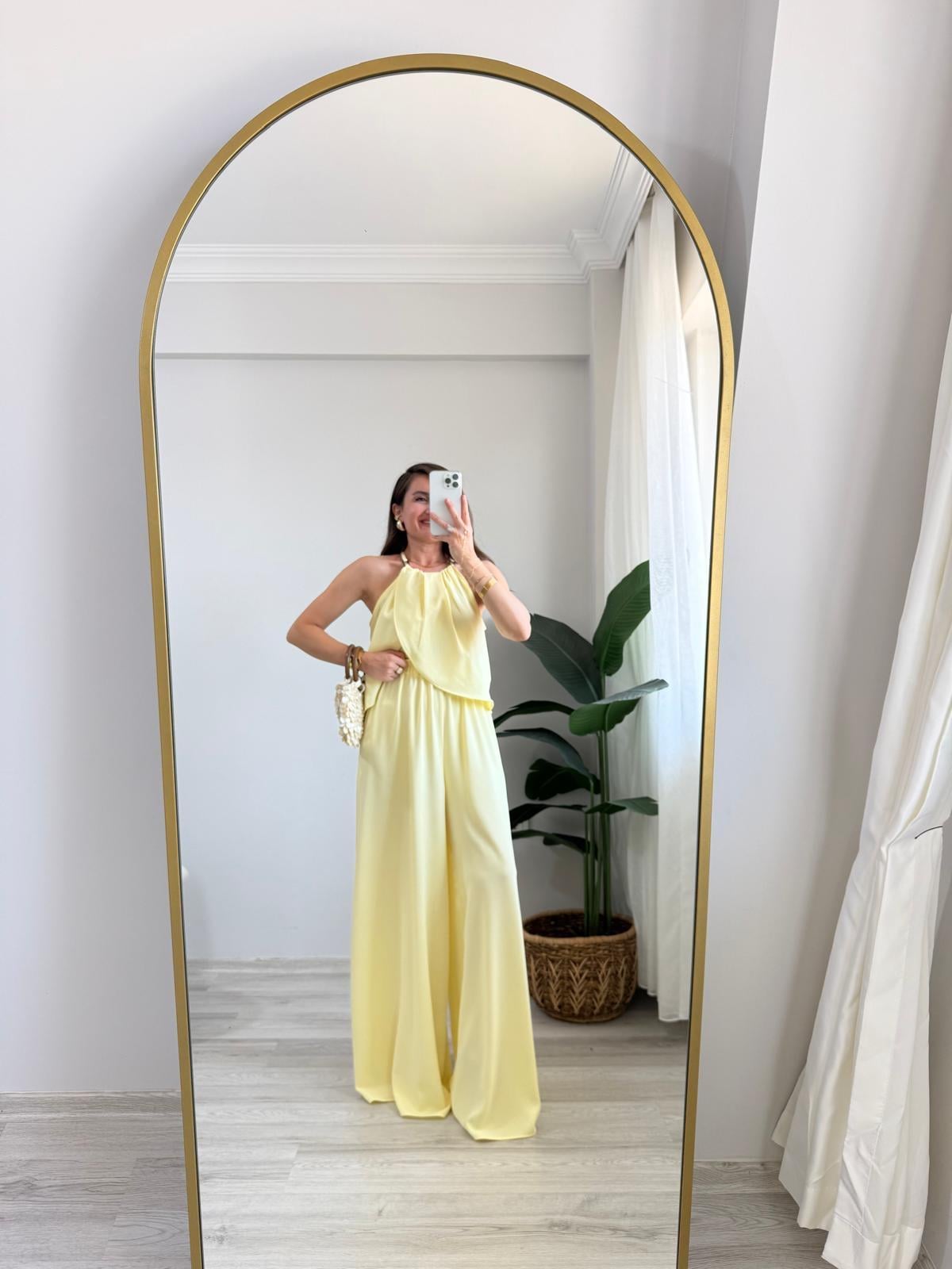 Sarı Göğüs Drape Detaylı Bluz Pantolon Takım 5215