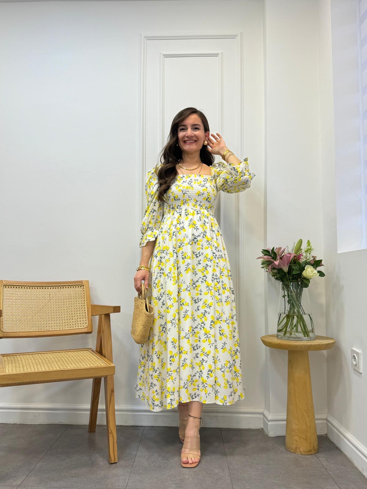 Sarı Göğüs Gipeli Çıtır Desen Elbise 3105