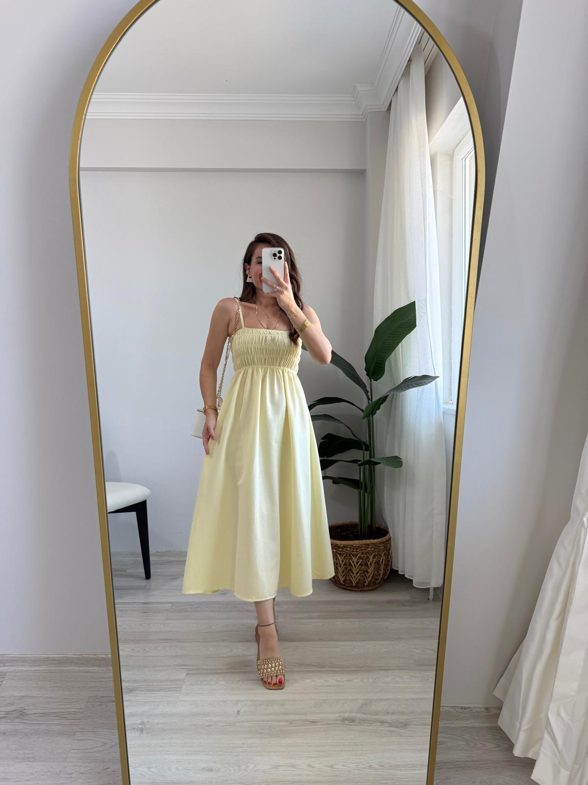 Sarı Gögüs Gipeli Keten Elbise 2310