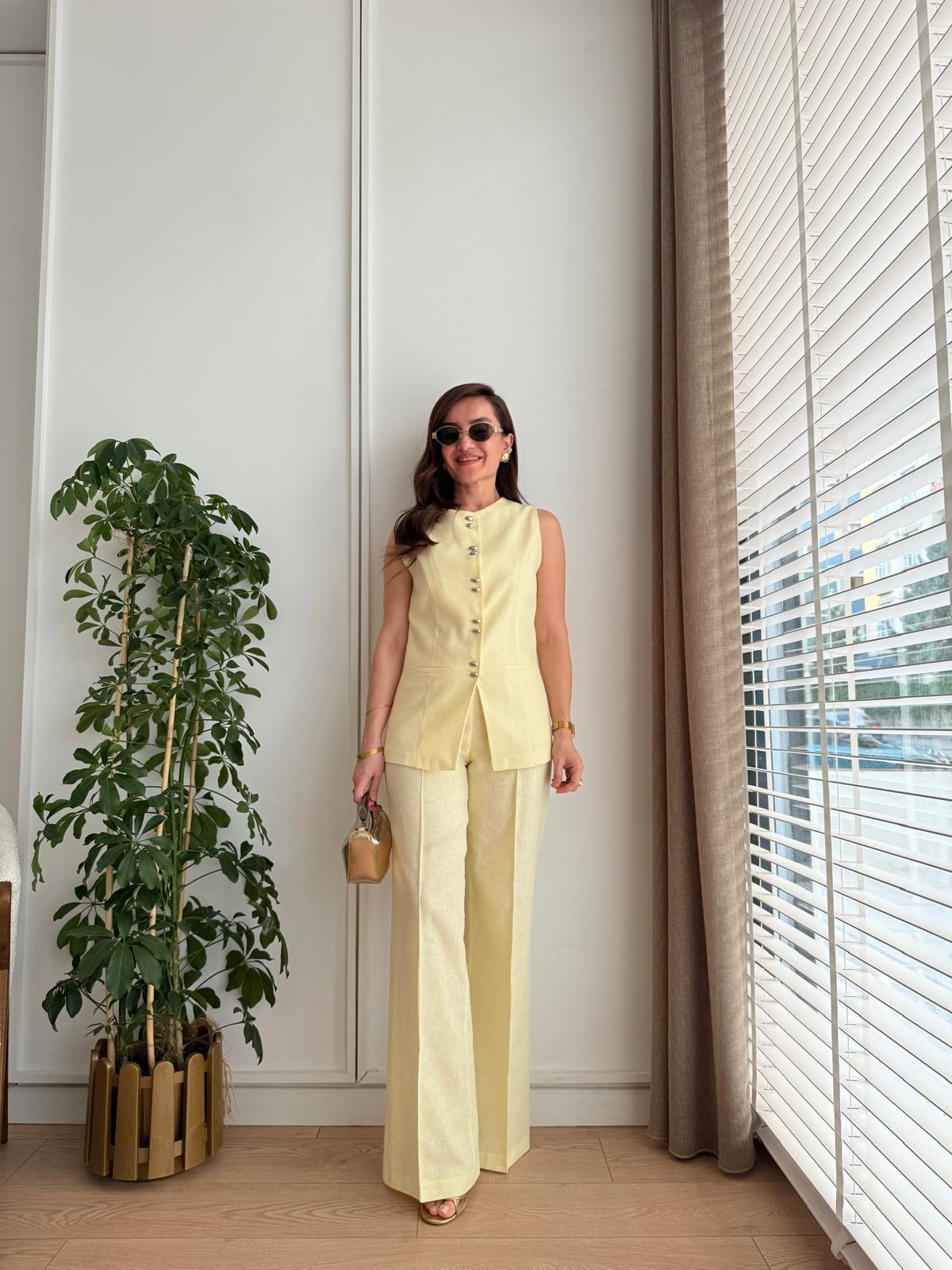 Sarı Gold Düğme Detaylı Yelek Pantolon Takım 9202