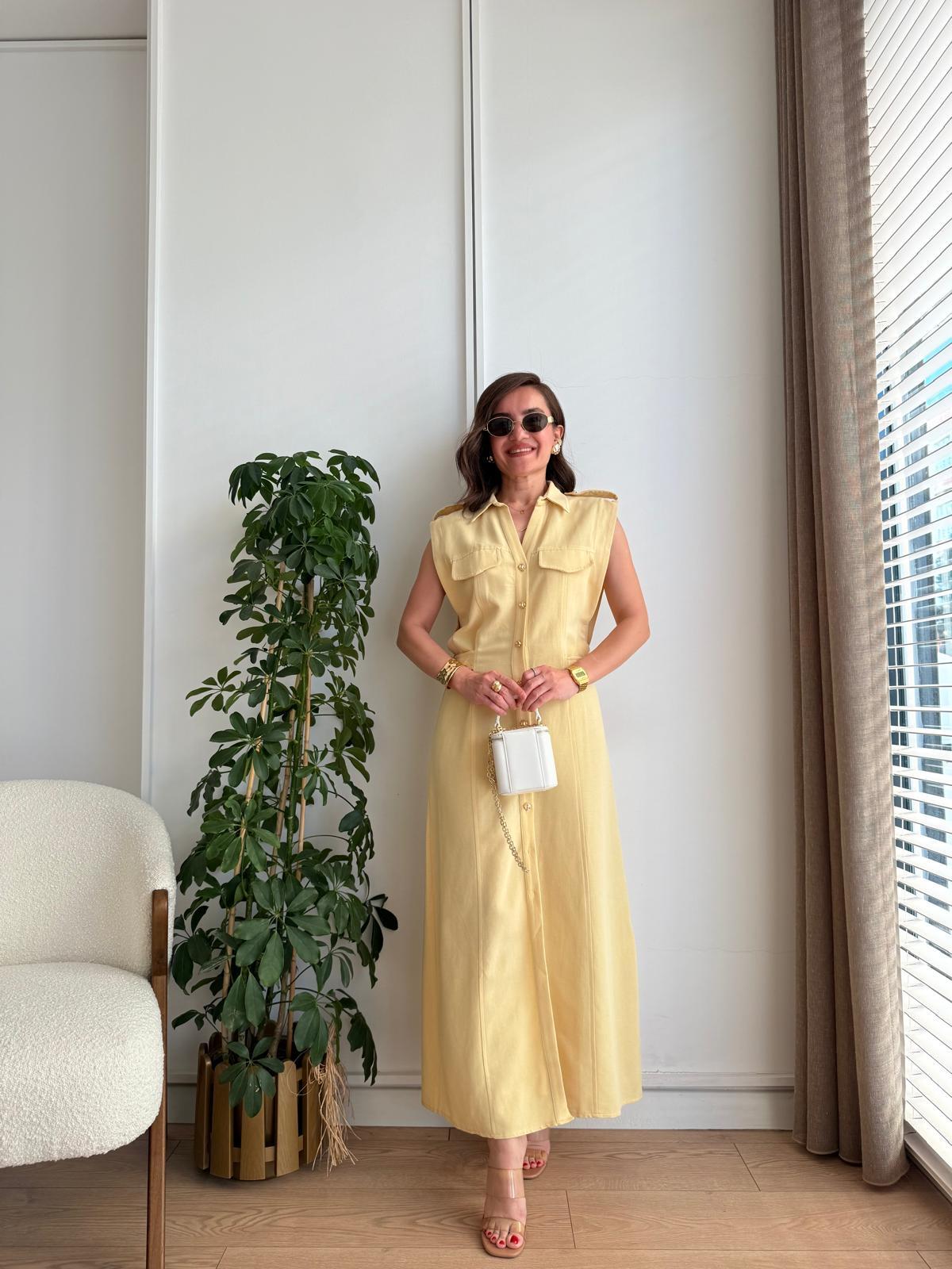 Sarı Gold Düğmeli Bel Kemer Detaylı Midi Boy Elbise 36431