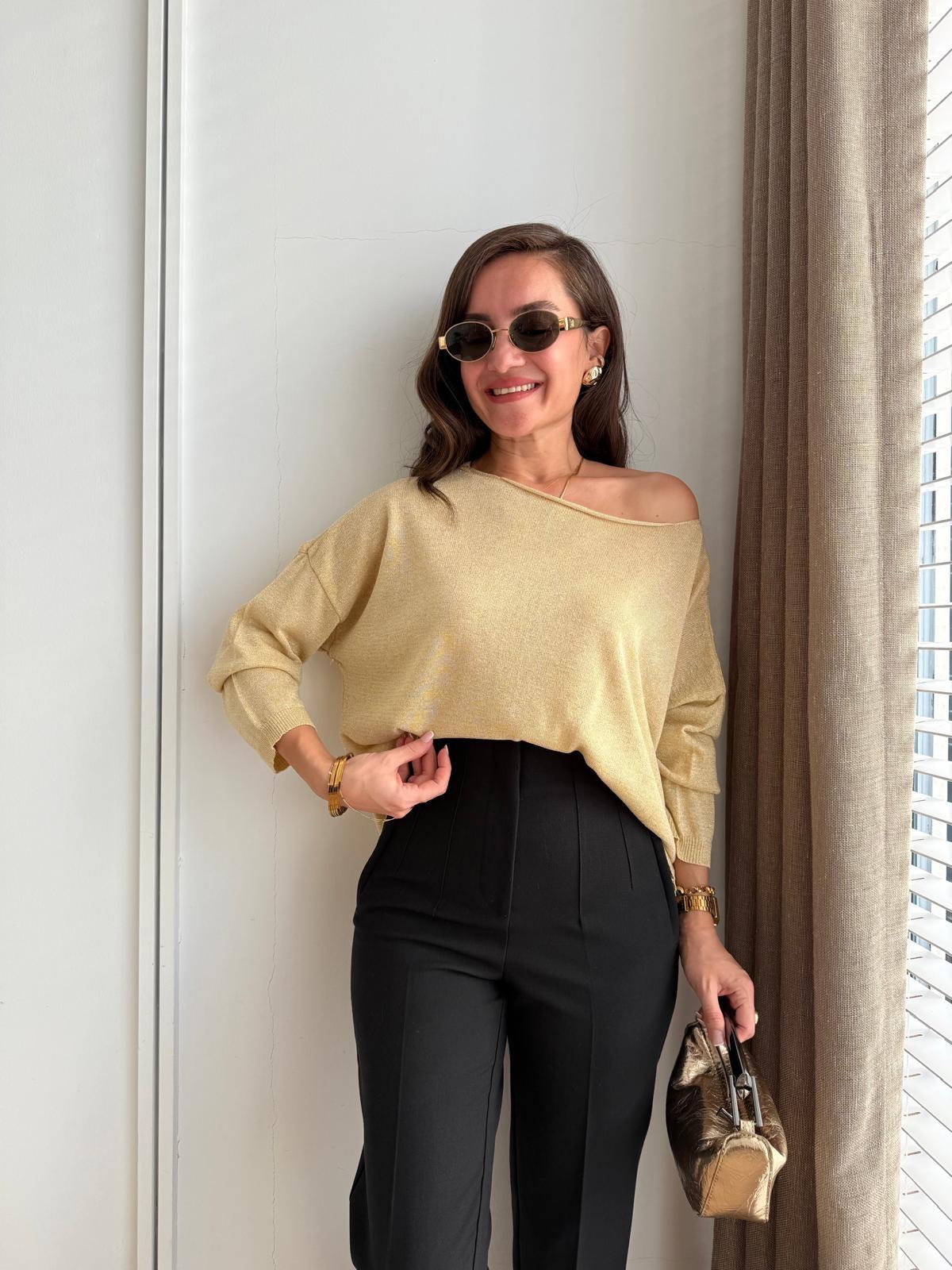 Sarı Kayık Yaka Sim Geçişli Triko Bluz 251092