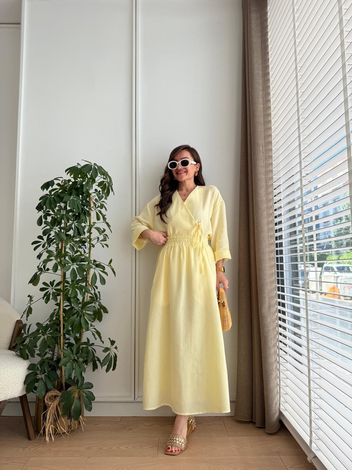 Sarı Keten Kimono Etek Takım 8717